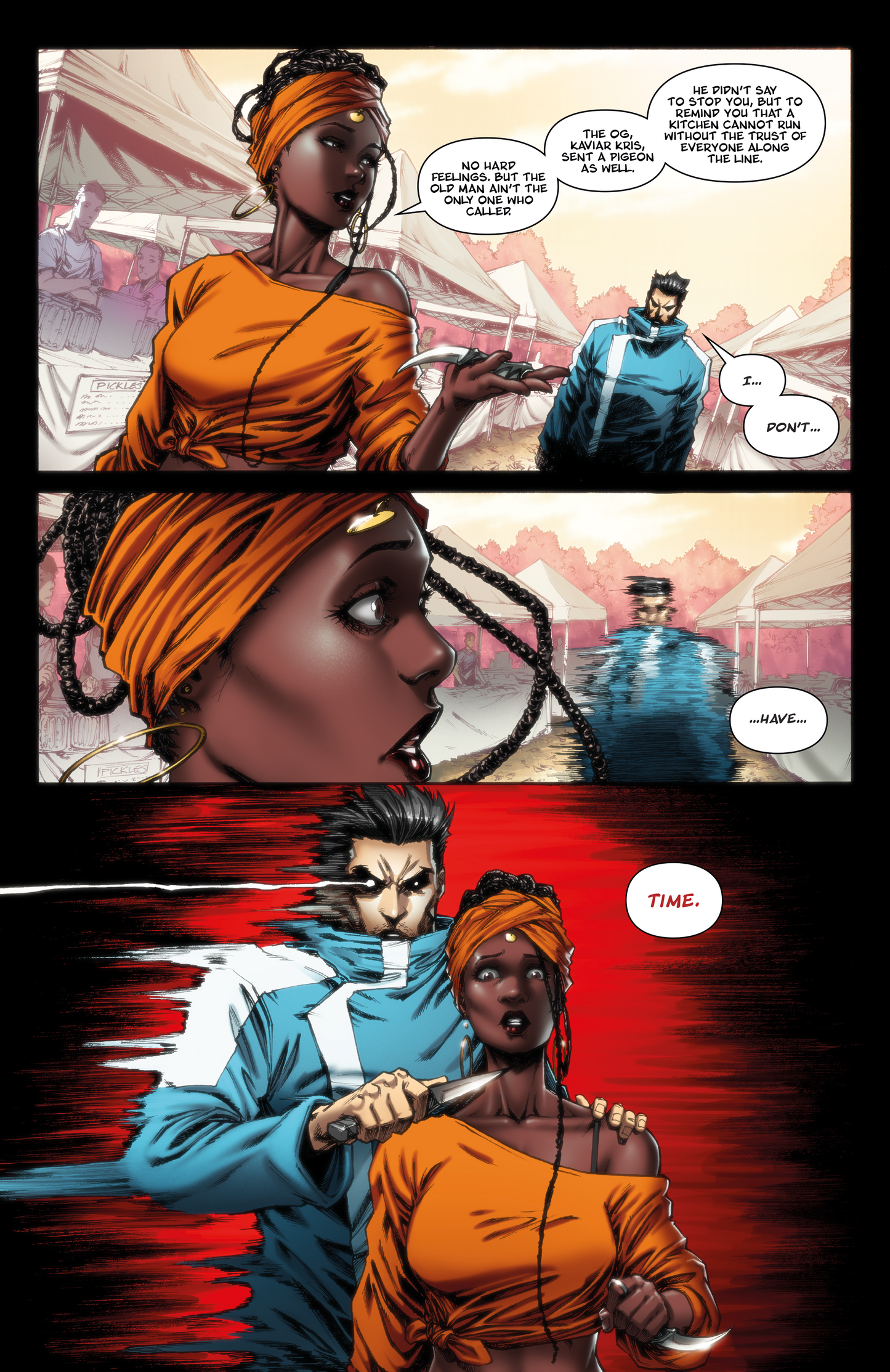 Comic book panel with two characters in a bazaar, one quickly drawing a weapon.