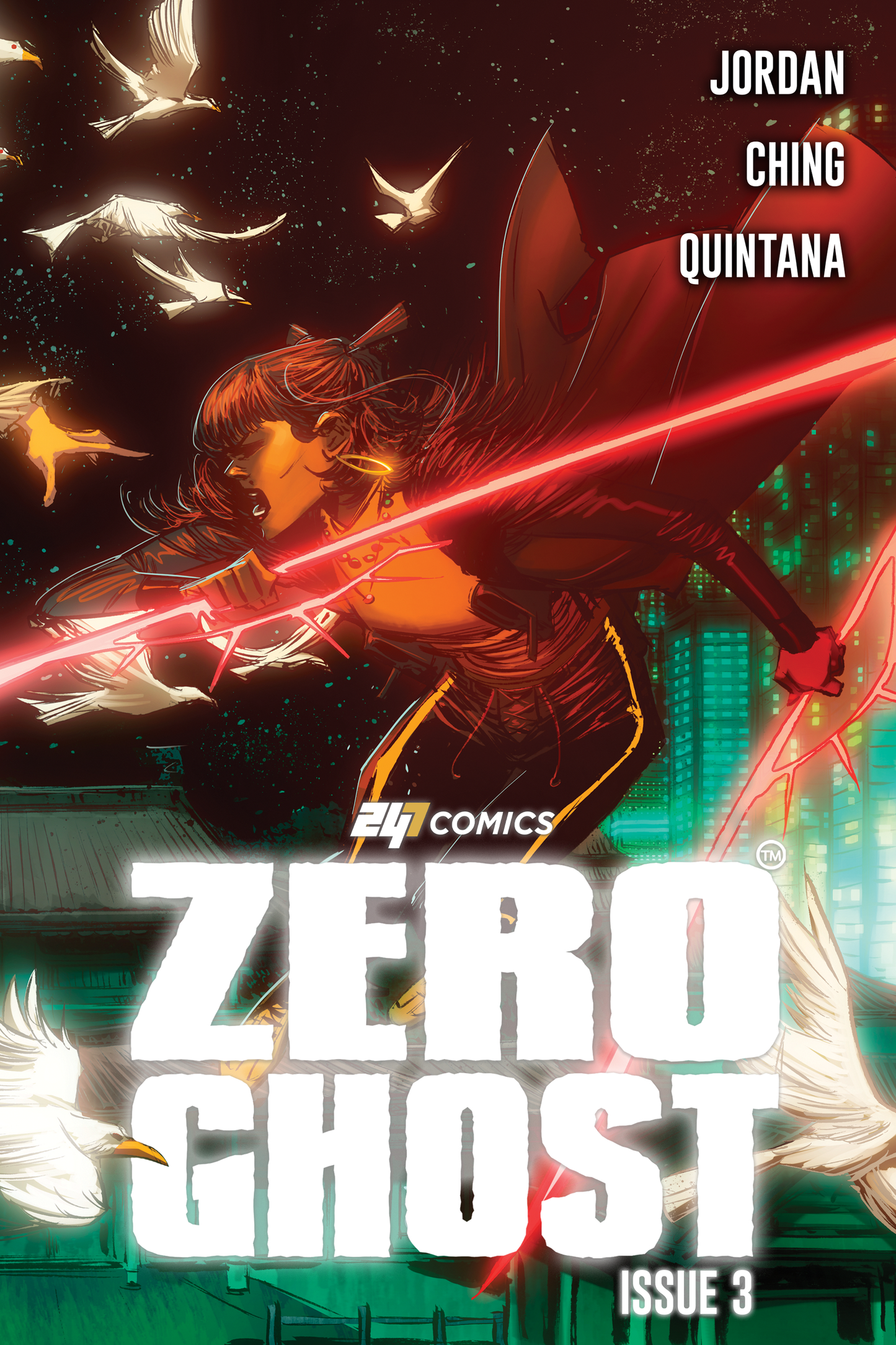 Zero Ghost Issue #3 standard edition comic book cover by 247 Comics, featuring a character holding a weapon and birds in the background, illustrated by Brian Ching, colors by Wil Quintana, written by Justin Jordan
