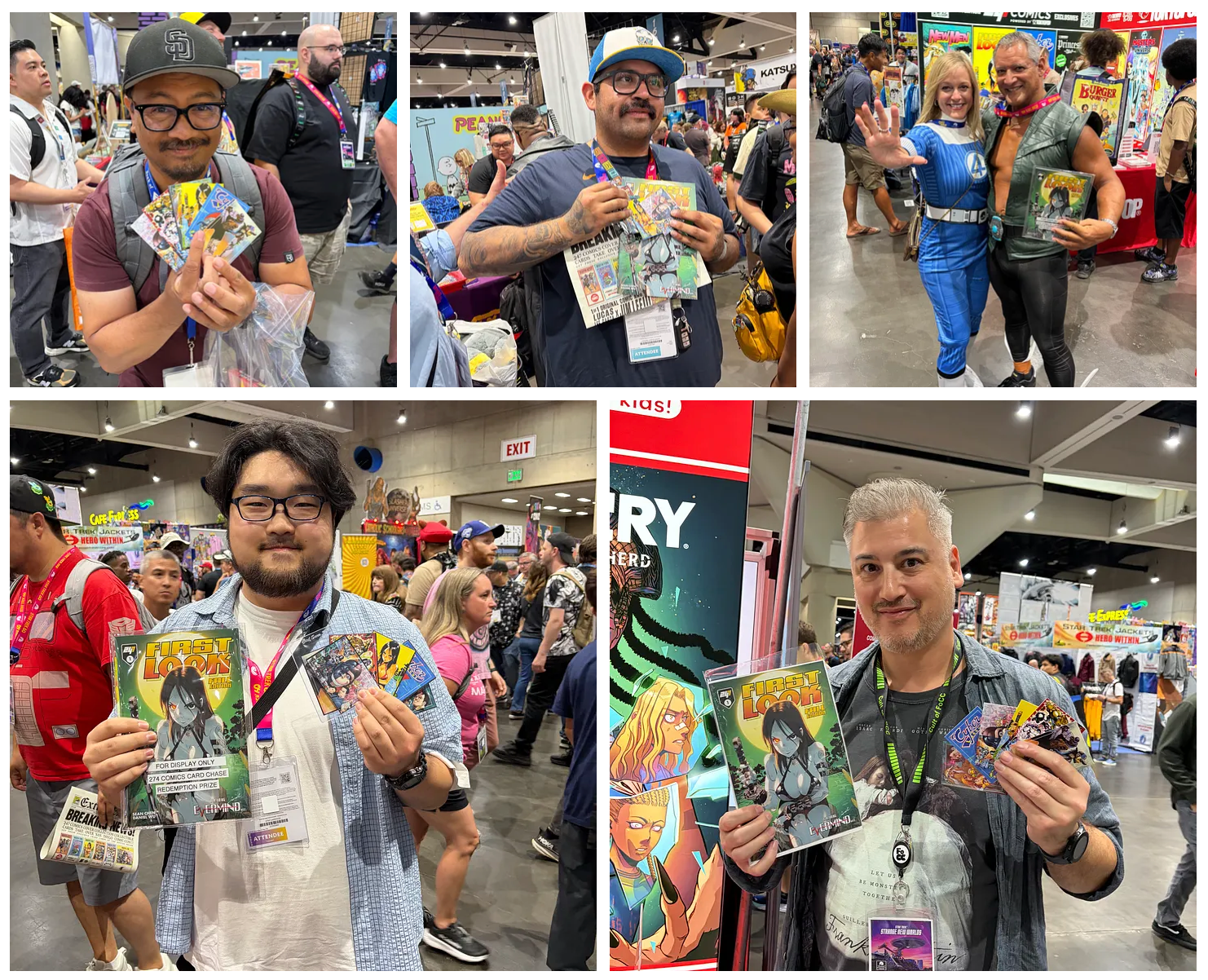 Five-panel collage showing SDCC Card Chase participants holding up various issues of independent comic series.