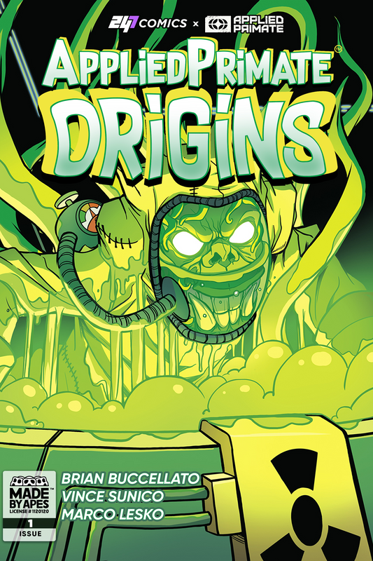 Comic book cover titled 'Applied Primate Origins' with green apes and radioactive design.