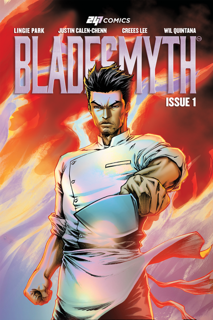 Comic book cover of 'Bladesmyth' with a character holding a weapon against a fiery background.