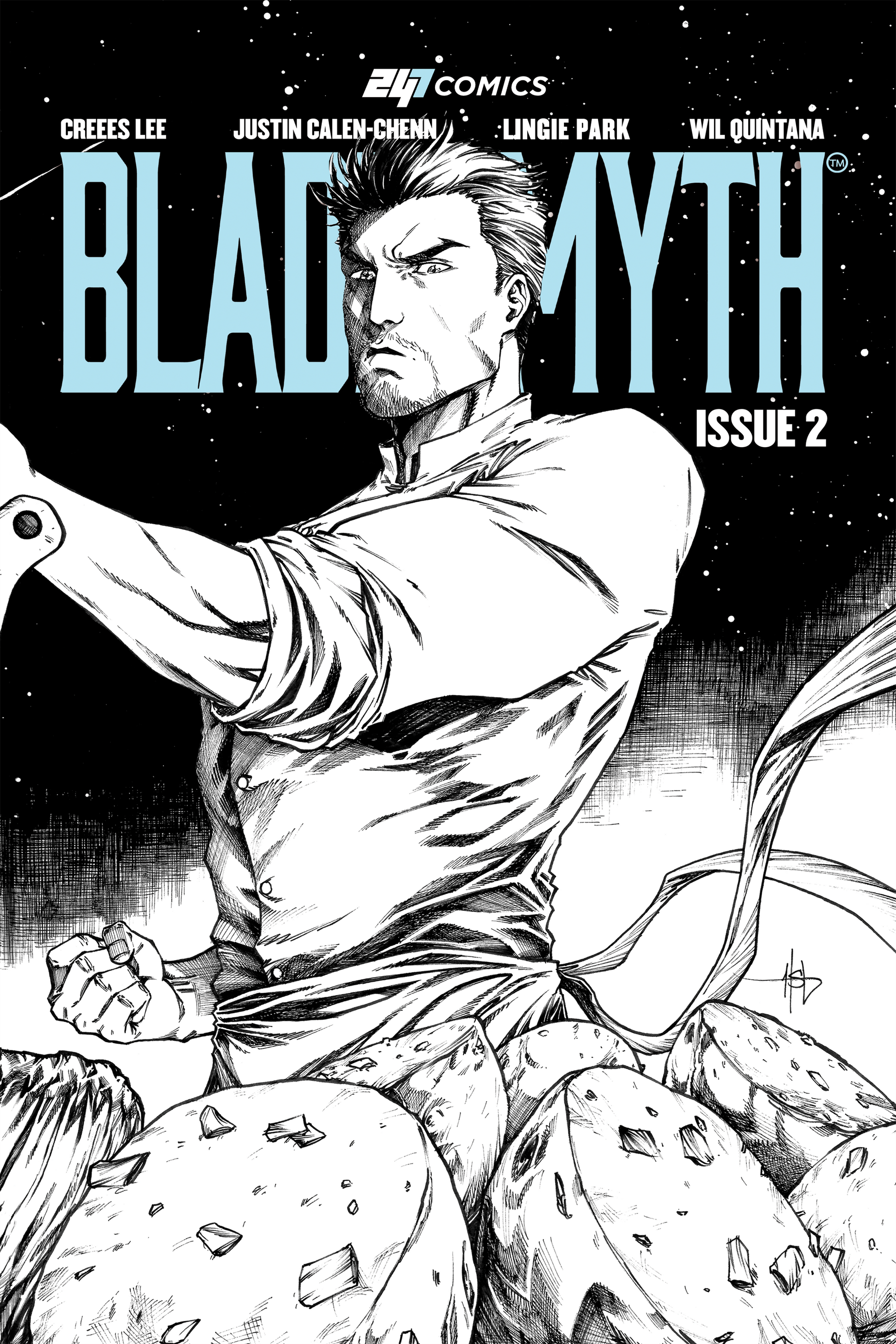 Bladesmyth Issue #2 artist edition comic book cover by 247 Comics, featuring a chef-warrior holding a blade, illustrated by Creees Lee, colors by Wil Quintana, written by Linnie Park and Justin Calen-Chenn