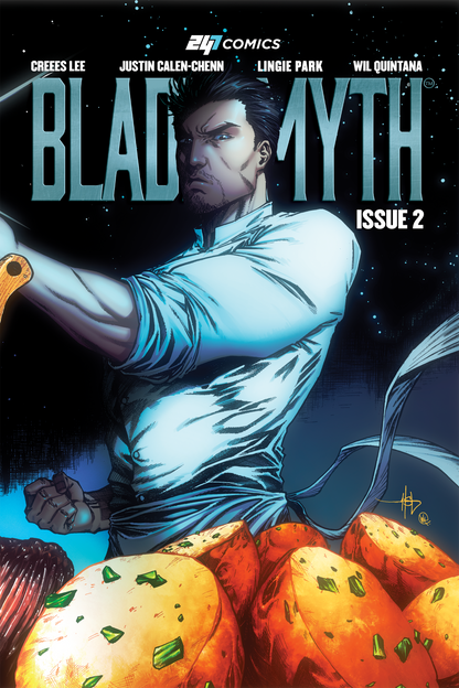 Bladesmyth Issue #2 artist edition comic book cover by 247 Comics, featuring a chef-warrior holding a blade, illustrated by Creees Lee, colors by Wil Quintana, written by Linnie Park and Justin Calen-Chenn