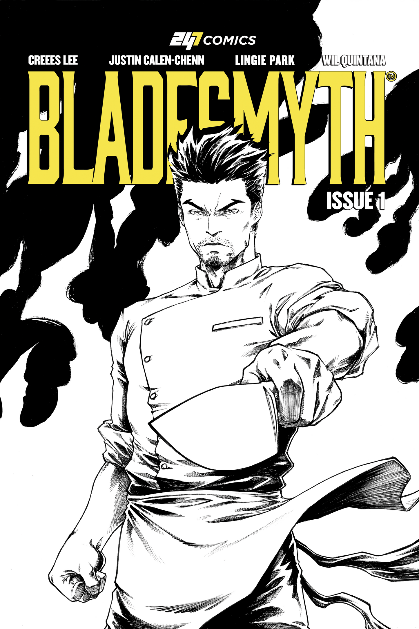 Bladesmyth Issue #1 artist edition comic book cover by 247 Comics, featuring a chef-warrior holding a blade amid flames all in black and white, illustrated by Creees Lee, colors by Wil Quintana, written by Linnie Park and Justin Calen-Chenn