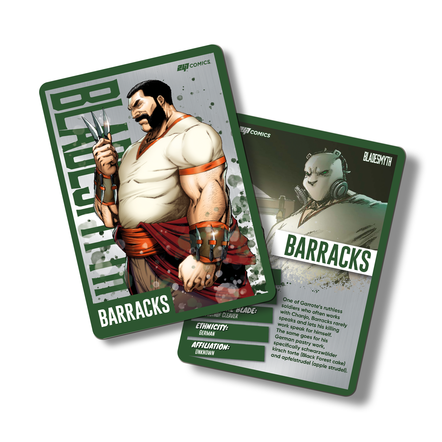 Bladesmyth Metal Character Traiding Card featuring Barracks
