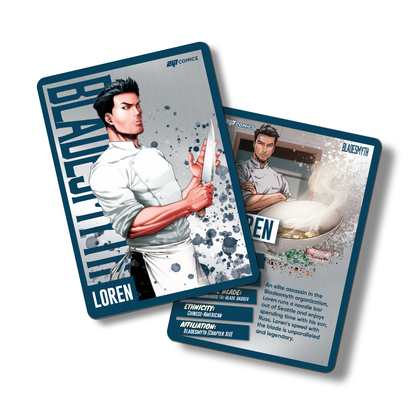 Bladesmyth Metal Character Traiding Card featuring Loren