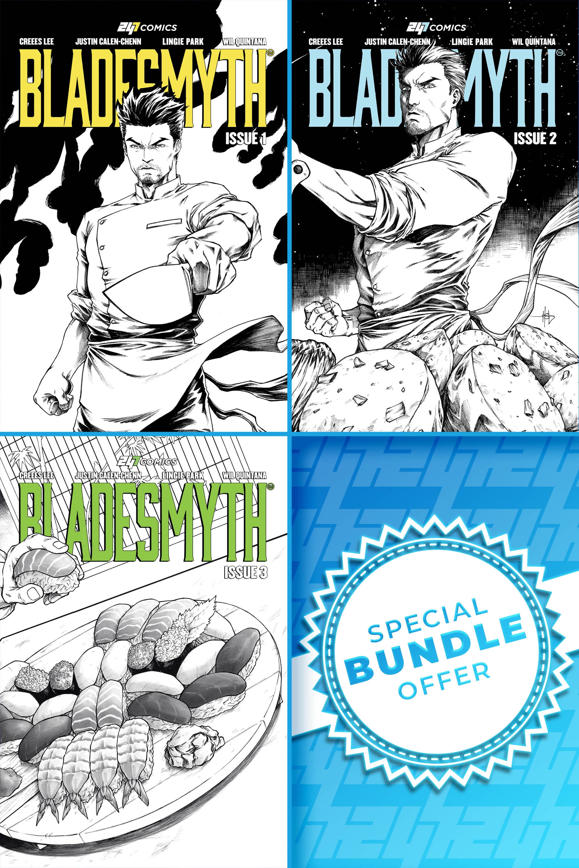 Three comic book covers of 'Bladesmyth Issue 1-3' artist editions with a special bundle offer label.