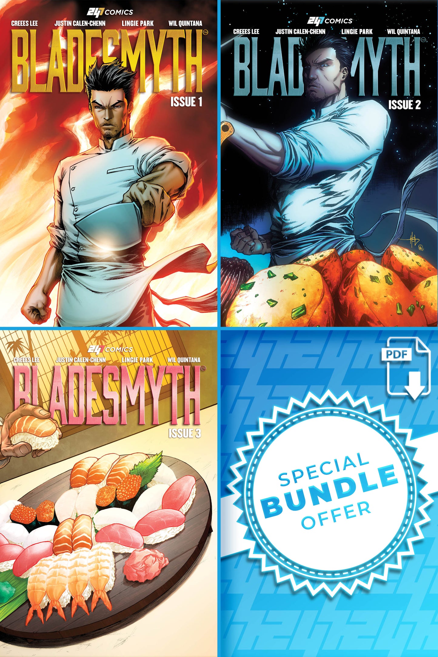 Three comic book covers of 'Bladesmyth Issue 1-3' digital editions with a special bundle offer label.