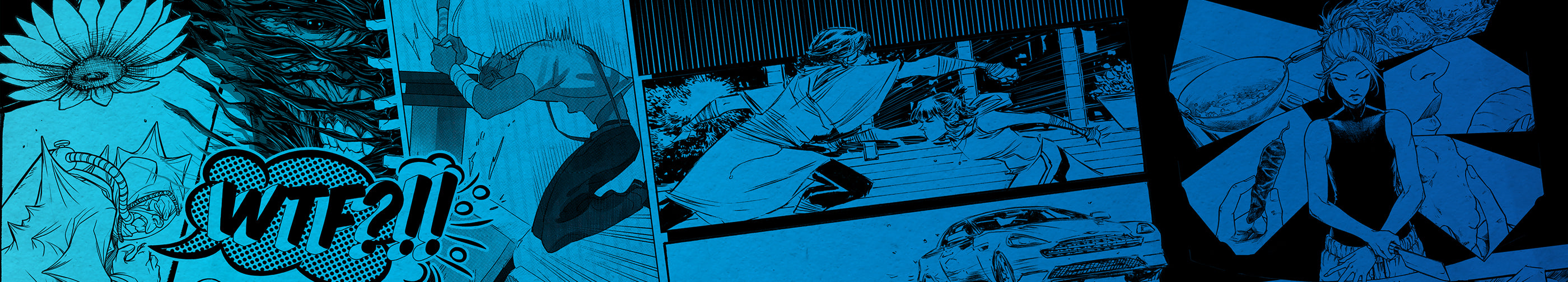 Various comic panels from 247 Comics original independent comics
