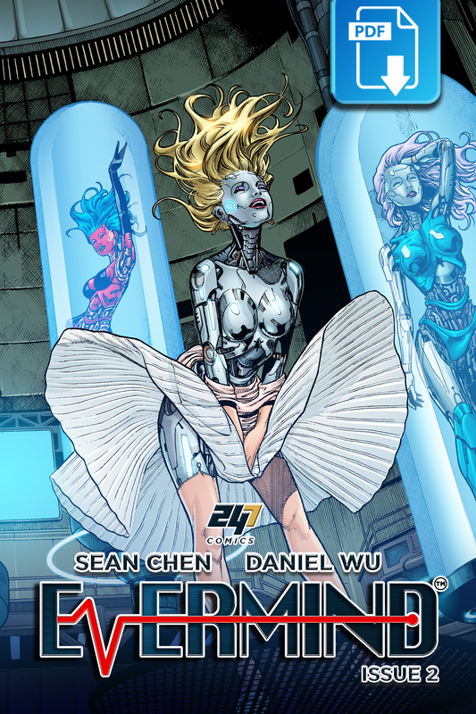 Evermind Issue #2 digital edition comic book cover by Sean Chen and Daniel Wu for 247 Comics, featuring futuristic robot in a sci-fi world.