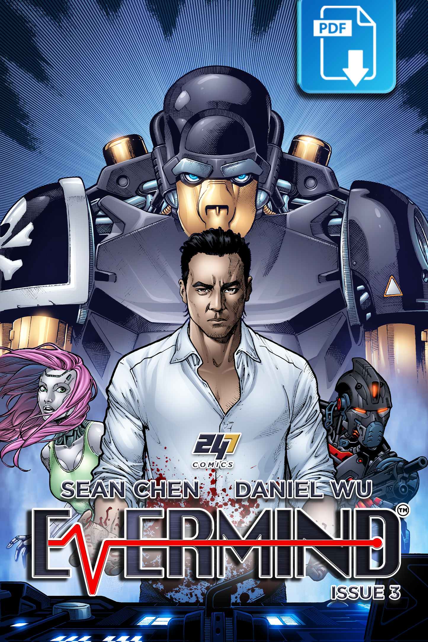 Evermind Issue #3 digital edition comic book cover by Sean Chen and Daniel Wu for 247 Comics, featuring a futuristic robots and humans in a sci-fi world.