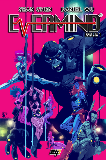 Evermind Issue #1 Matteo Scalera variant  comic book cover by Sean Chen and Daniel Wu for 247 Comics, featuring a design with futuristic robots and human characters in a sci-fi world.
