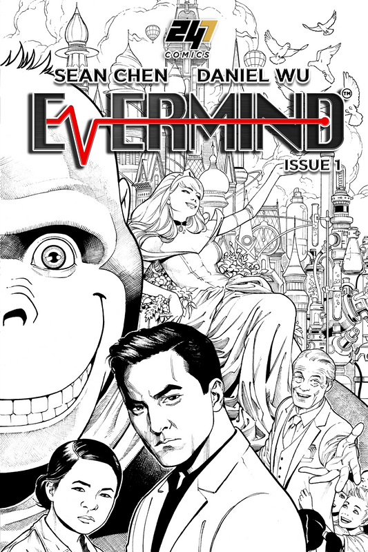 Evermind Issue #1 artist edition comic book cover by Sean Chen and Daniel Wu for 247 Comics, featuring a black and white split design with futuristic robots and human characters in a sci-fi world.