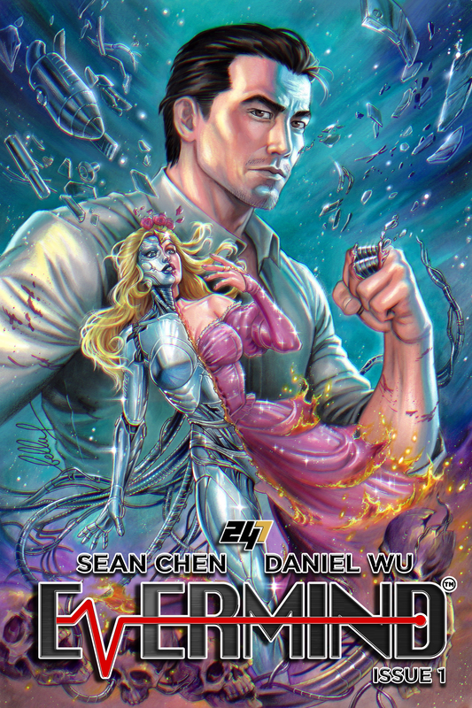 Evermind Issue #1 Bella Rachlin variant  comic book cover by Sean Chen and Daniel Wu for 247 Comics, featuring a design with futuristic robots and human characters in a sci-fi world.