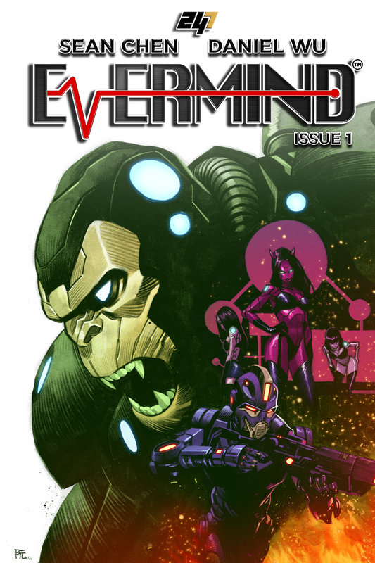 Evermind Issue #1 Dike Ruan variant  comic book cover by Sean Chen and Daniel Wu for 247 Comics, featuring a design with futuristic robots and human characters in a sci-fi world.