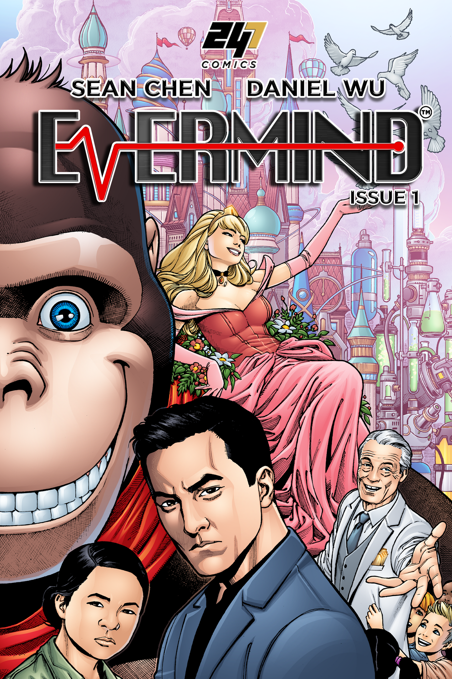 Evermind Issue #1 standard edition comic book cover by Sean Chen and Daniel Wu for 247 Comics, featuring a split design with futuristic robots and human characters in a sci-fi world.
