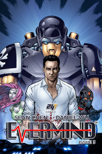 Evermind Issue #3 standard edition comic book cover by Sean Chen and Daniel Wu for 247 Comics, featuring a futuristic robots and humans in a sci-fi world.