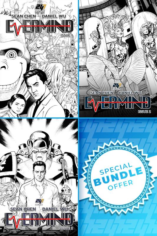 Three comic book covers of 'Evermind Issue 1-3' artist editions with a special bundle offer label.