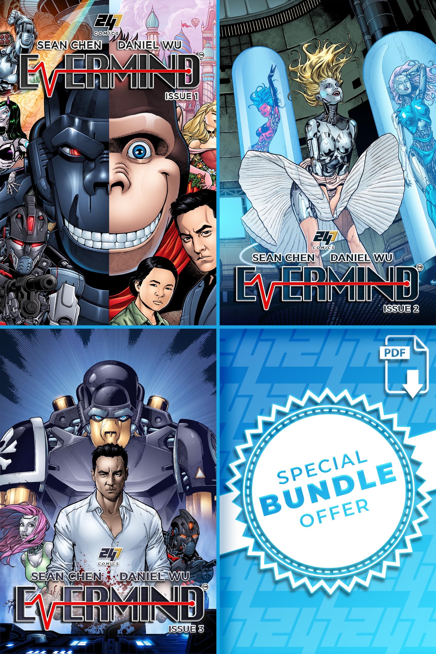 Three comic book covers of 'Evermind Issue 1-3' digital editions with a special bundle offer label.