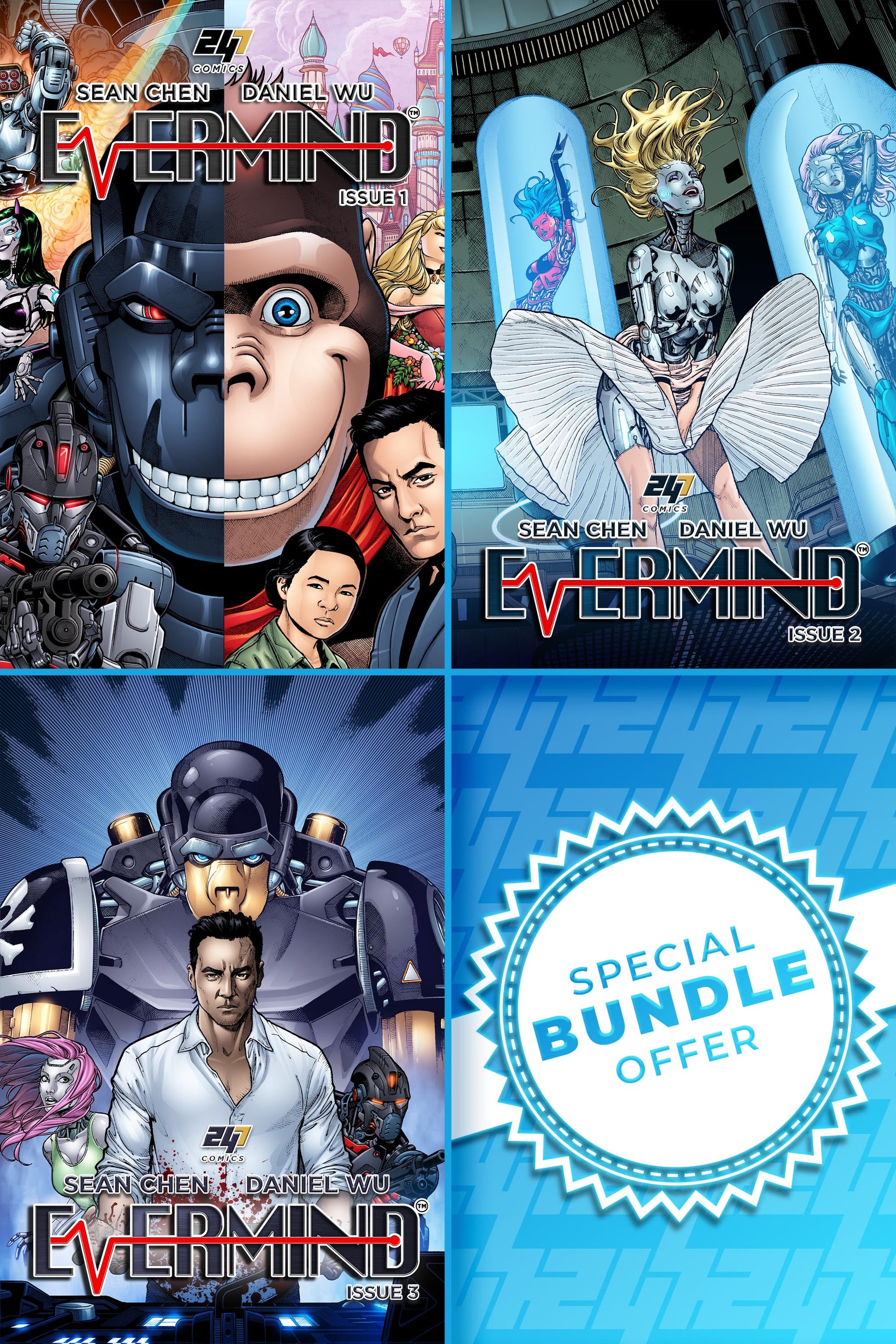 Three comic book covers of 'Evermind Issue 1-3' standard editions with a special bundle offer label.