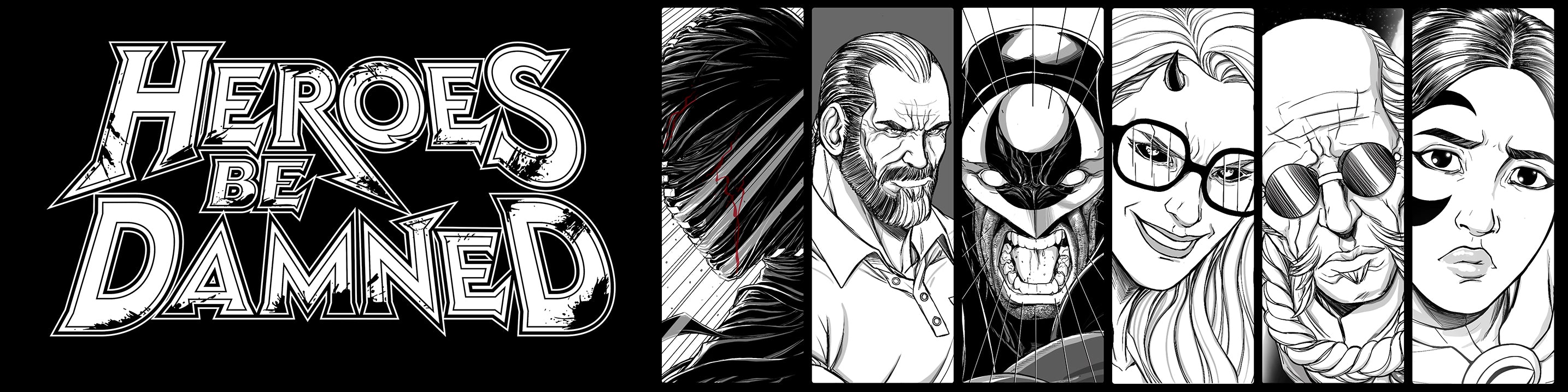 Comic book style illustration with 'Heroes Be Damned' character portraits.