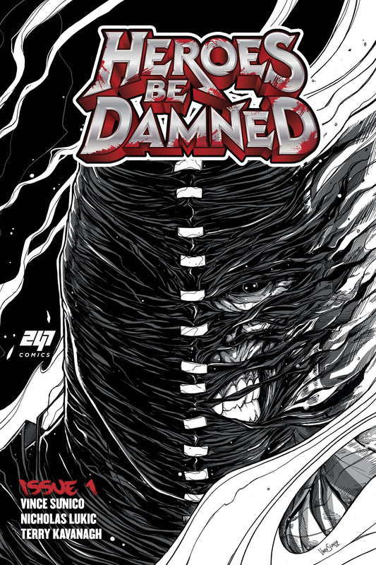 Heroes Be Damned Issue #1 standard edition comic book cover by 247 Comics, featuring a dark black-and-white monstrous face with sharp teeth and intense horror tone. Created by Vince Sunico, Nicholas Lukic and Terry Kavanagh