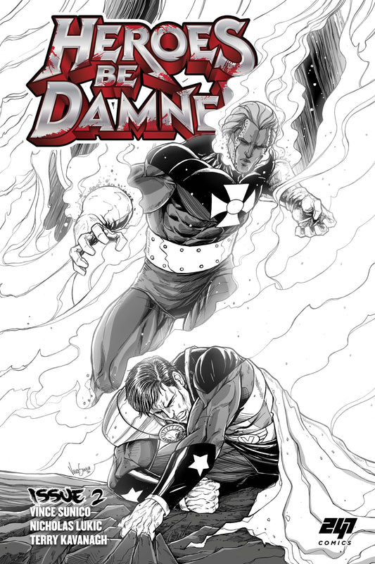Heroes Be Damned Issue #2 standard comic book cover by 247 Comics, featuring a two characters in action poses on a white background. Created by Vince Sunico, Nicholas Lukic and Terry Kavanagh