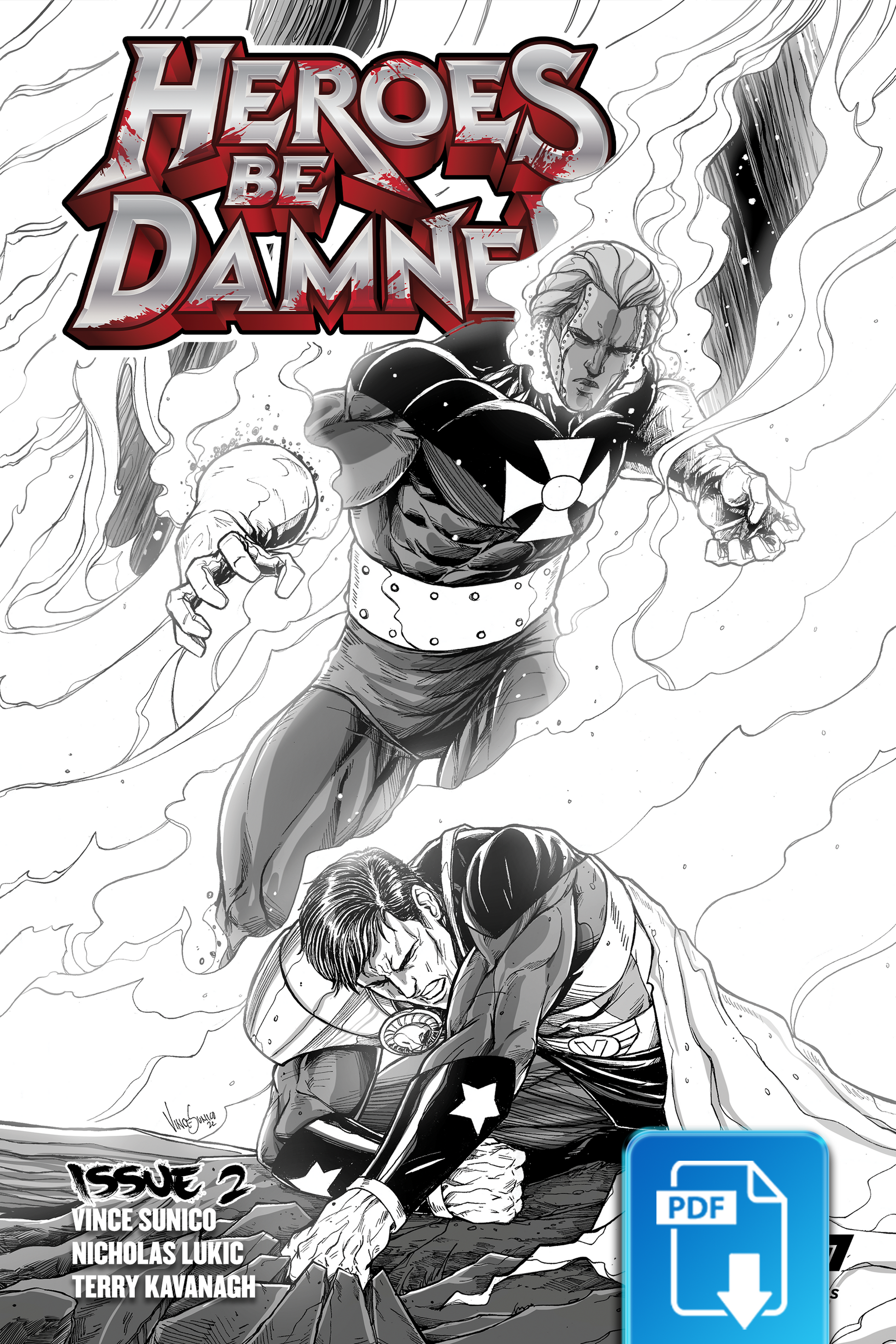 Heroes Be Damned Issue #2 digital comic book cover by 247 Comics, featuring a two characters in action poses on a white background. Created by Vince Sunico, Nicholas Lukic and Terry Kavanagh
