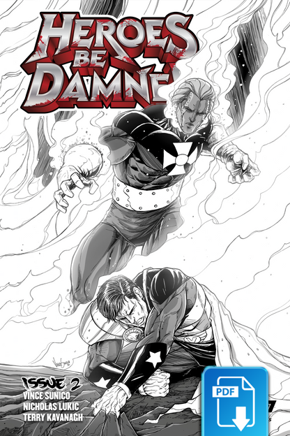 Heroes Be Damned Issue #2 digital comic book cover by 247 Comics, featuring a two characters in action poses on a white background. Created by Vince Sunico, Nicholas Lukic and Terry Kavanagh