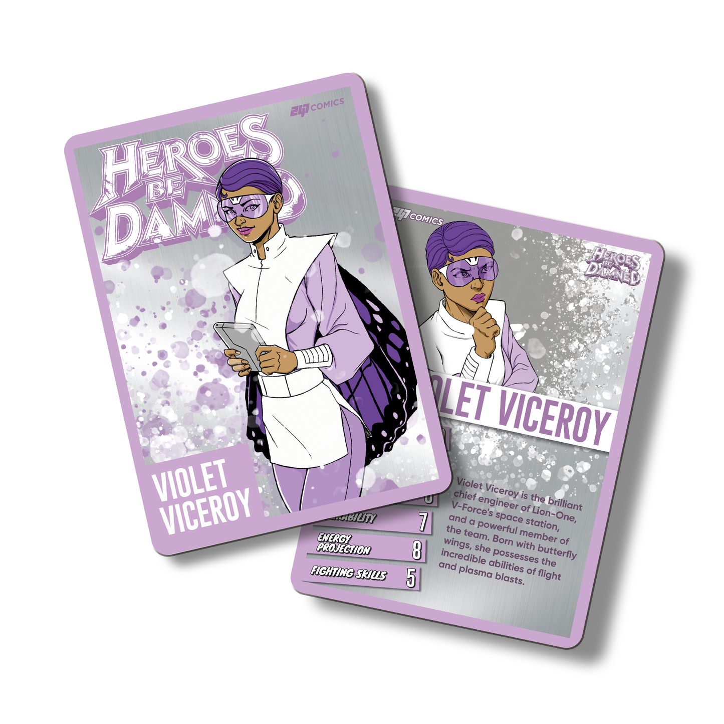 Heroes Be Damned Metal Character traiding card featuring Violet Viceroy