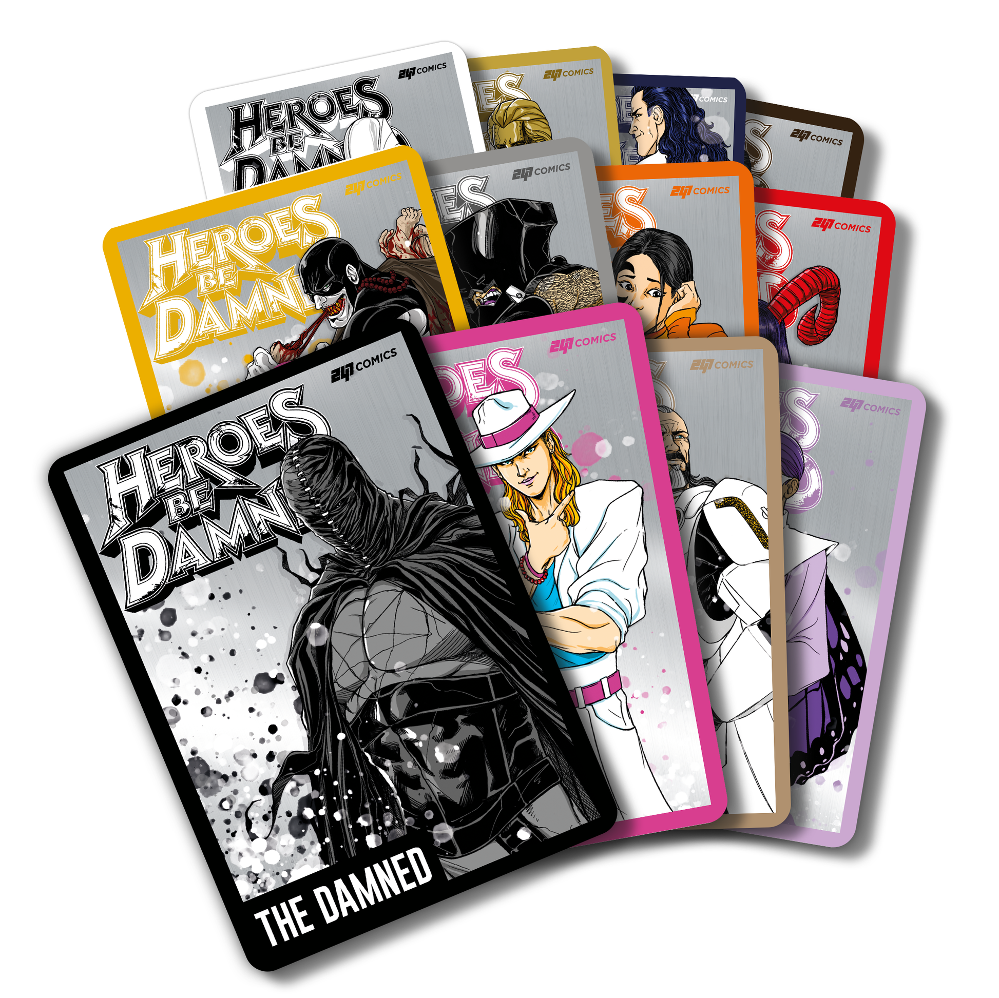Heroes Be Damned Metal Character Cards set featuring various characters