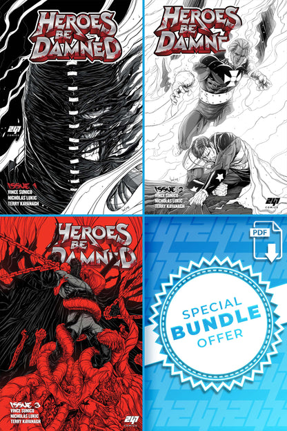 Three comic book covers of 'Heroes Be Damned Issue 1-3' digital editions with a special bundle offer label.