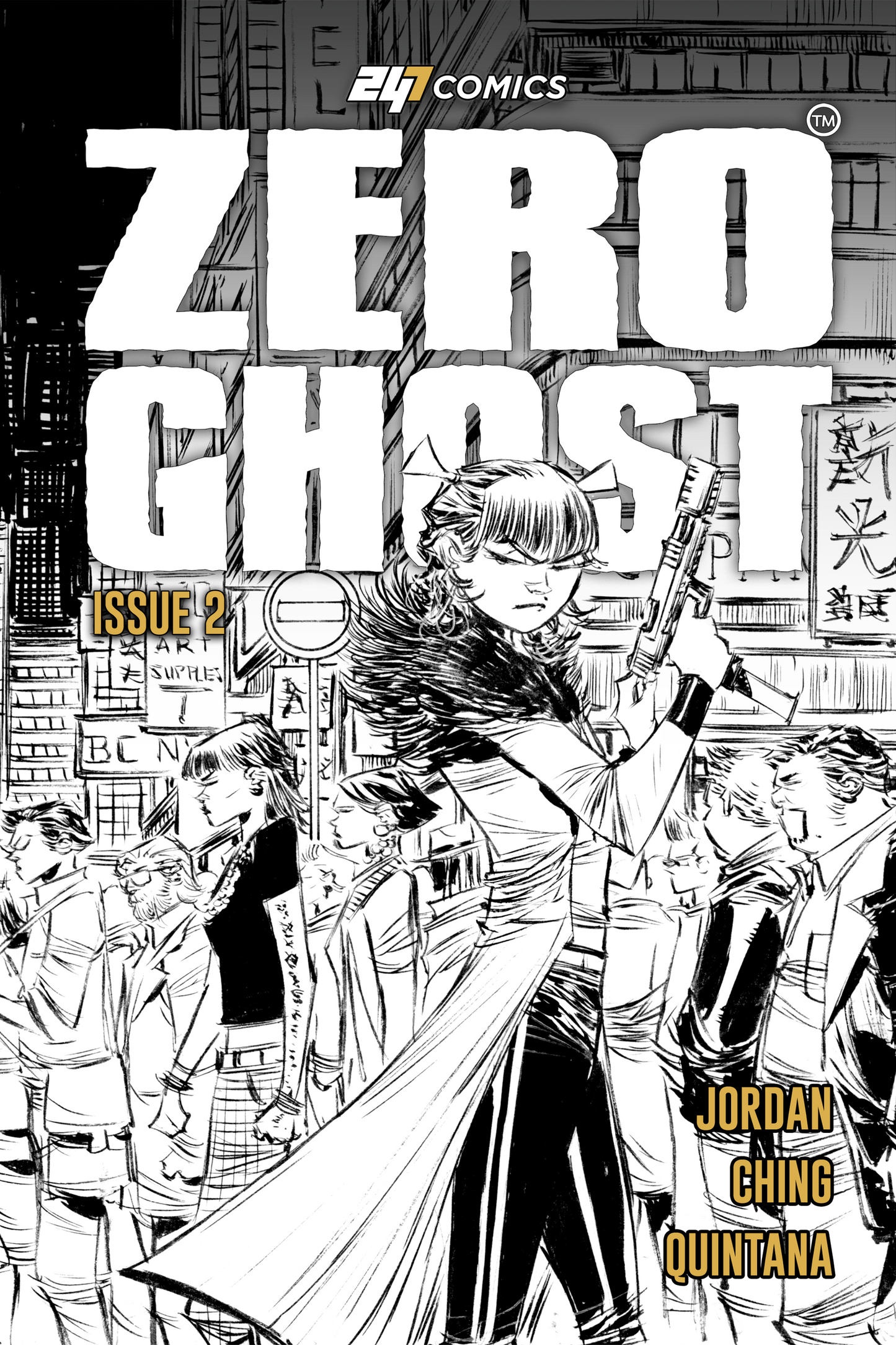 Zero Ghost Issue #2 artist edition comic book cover by 247 Comics, featuring girl with gun, illustrated by Brian Ching, colors by Wil Quintana, written by Justin Jordan