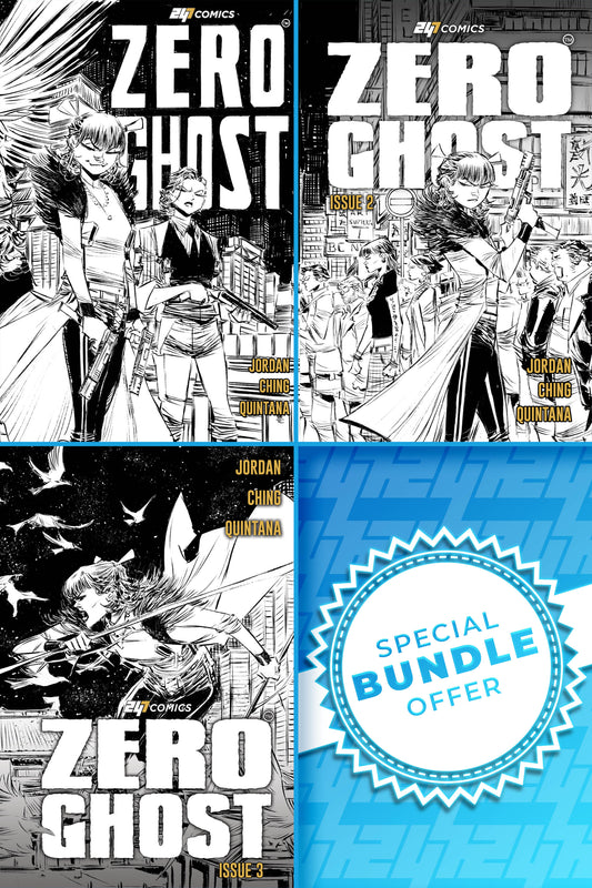 Three comic book covers of 'Zero Ghost Issue 1-3' artist editions with a special bundle offer label.