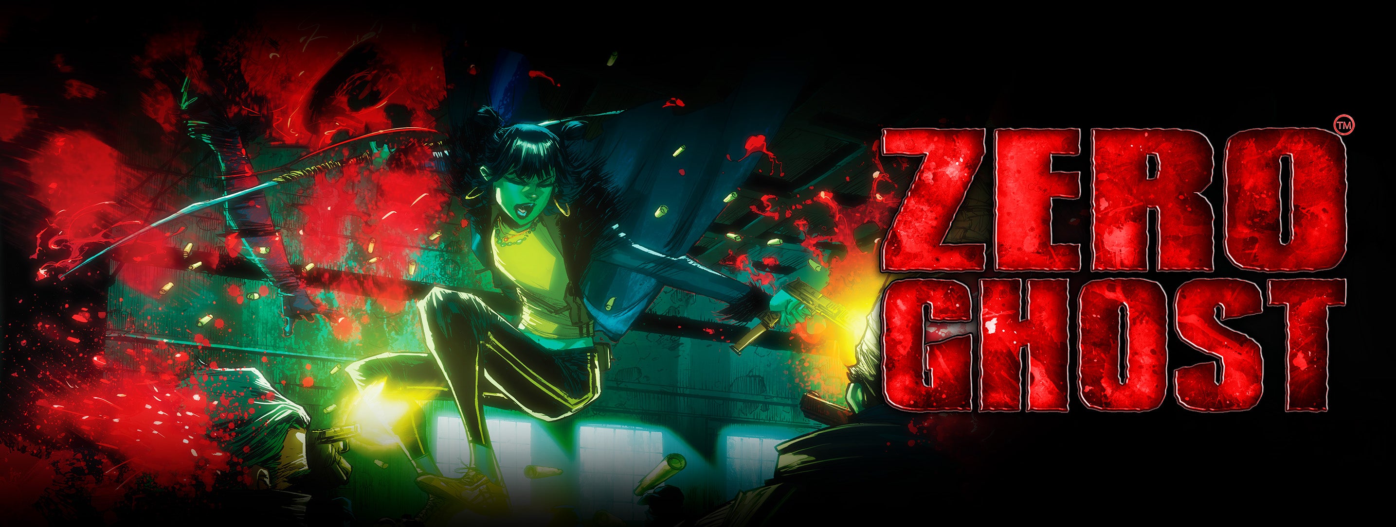 Promotional banner for 'Zero Ghost' with a main character Kira holding a gun